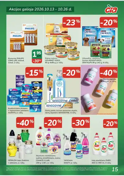 Čia Market akcijų leidinys, galioja nuo spalio 13 d. iki spalio 26 d., 15 puslapis: Elementai, ėdalas katėms ir šunims, higienos prekės, indų plovikliai