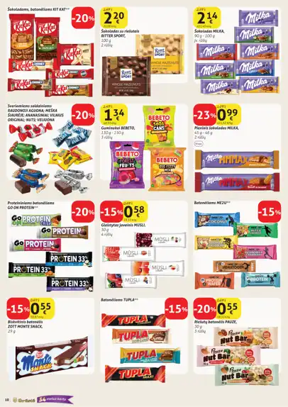 Grūstė akcijų leidinys, galioja nuo spalio 11 d. iki spalio 20 d., 10 puslapis: Šokoladas, batonėliai, guminukai, proteininiai batonėliai, riešutų batonėlis