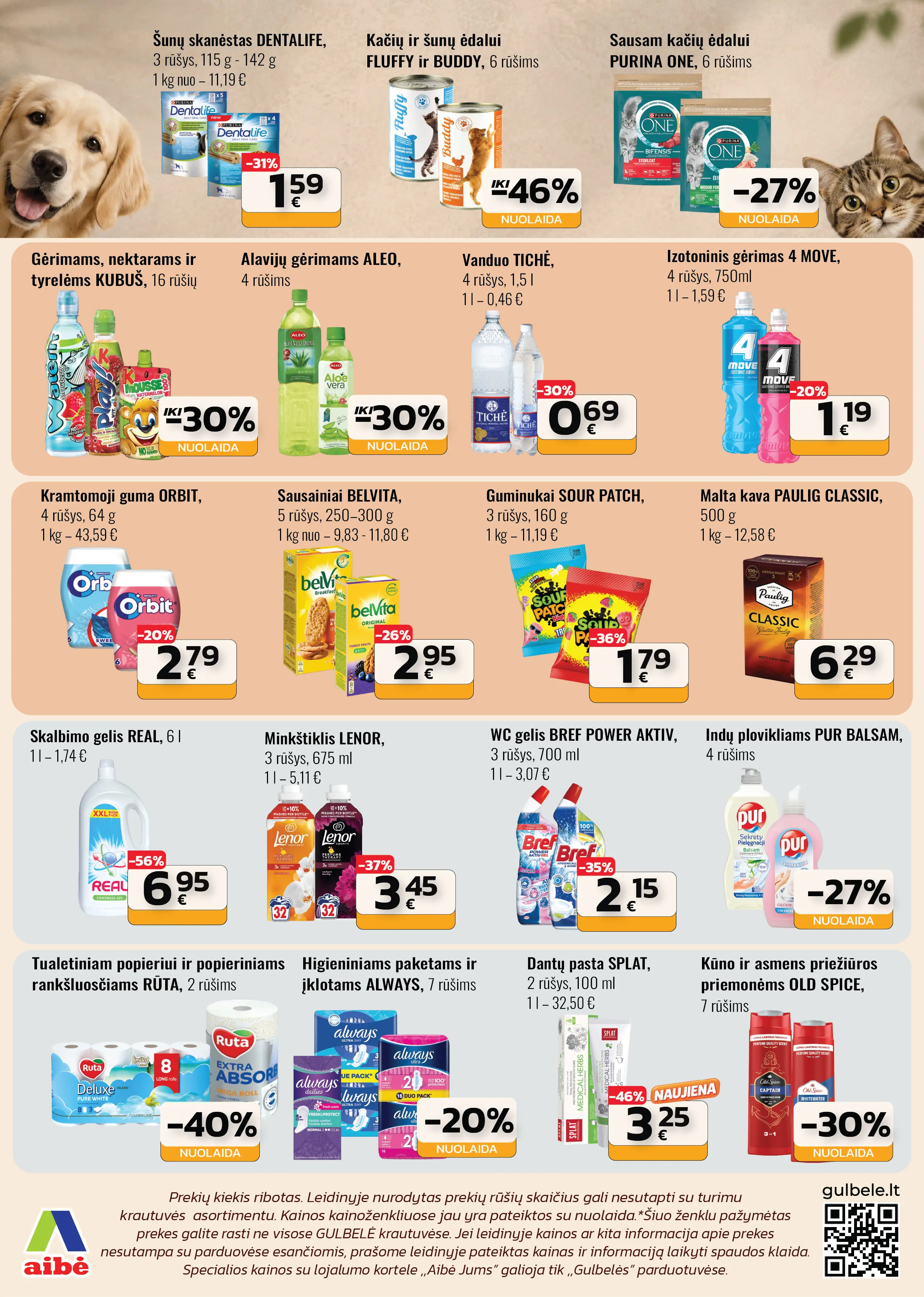 Gulbelė akcijų leidinys, galioja nuo spalio 8 d. iki spalio 21 d., 4 puslapis: Gyvūnų ėdalas, gėrimai, kava, skalbimo gelis, WC gelis, indų ploviklis, higienos prekės