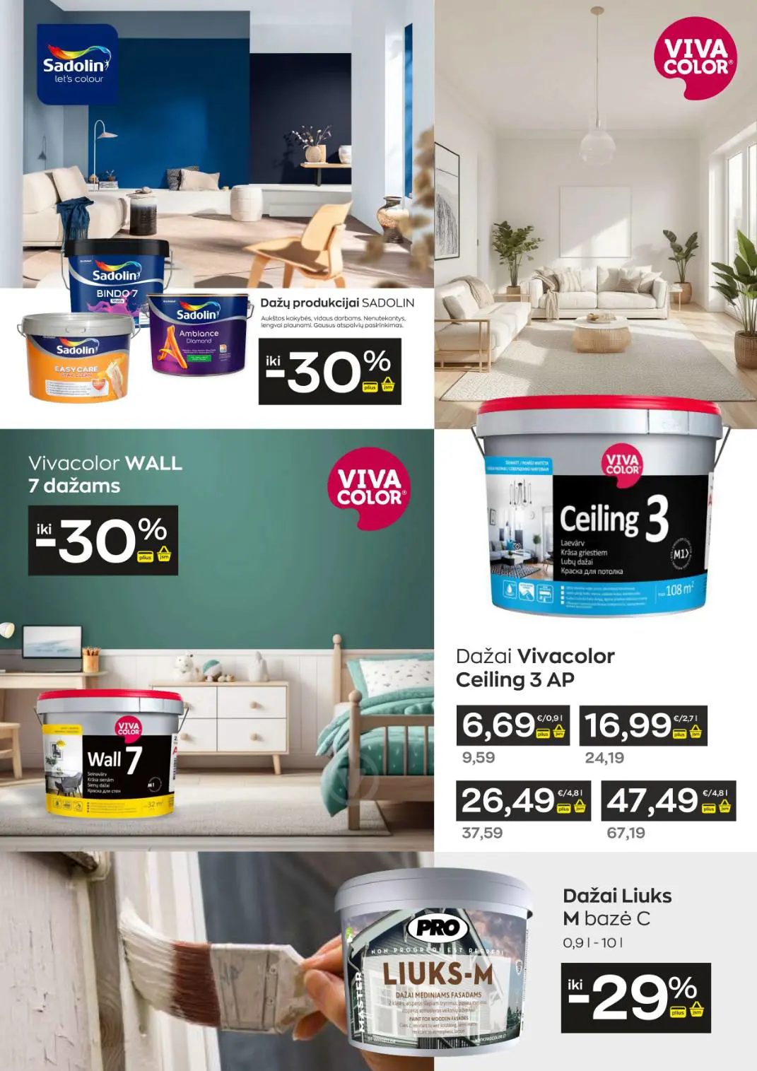 Jupoja akcijų leidinys, galioja nuo spalio 8 d. iki lapkričio 4 d., 18 puslapis: Sadolin dažai, Vivacolor Wall dažai, Vivacolor Ceiling dažai, Liuks-M dažai