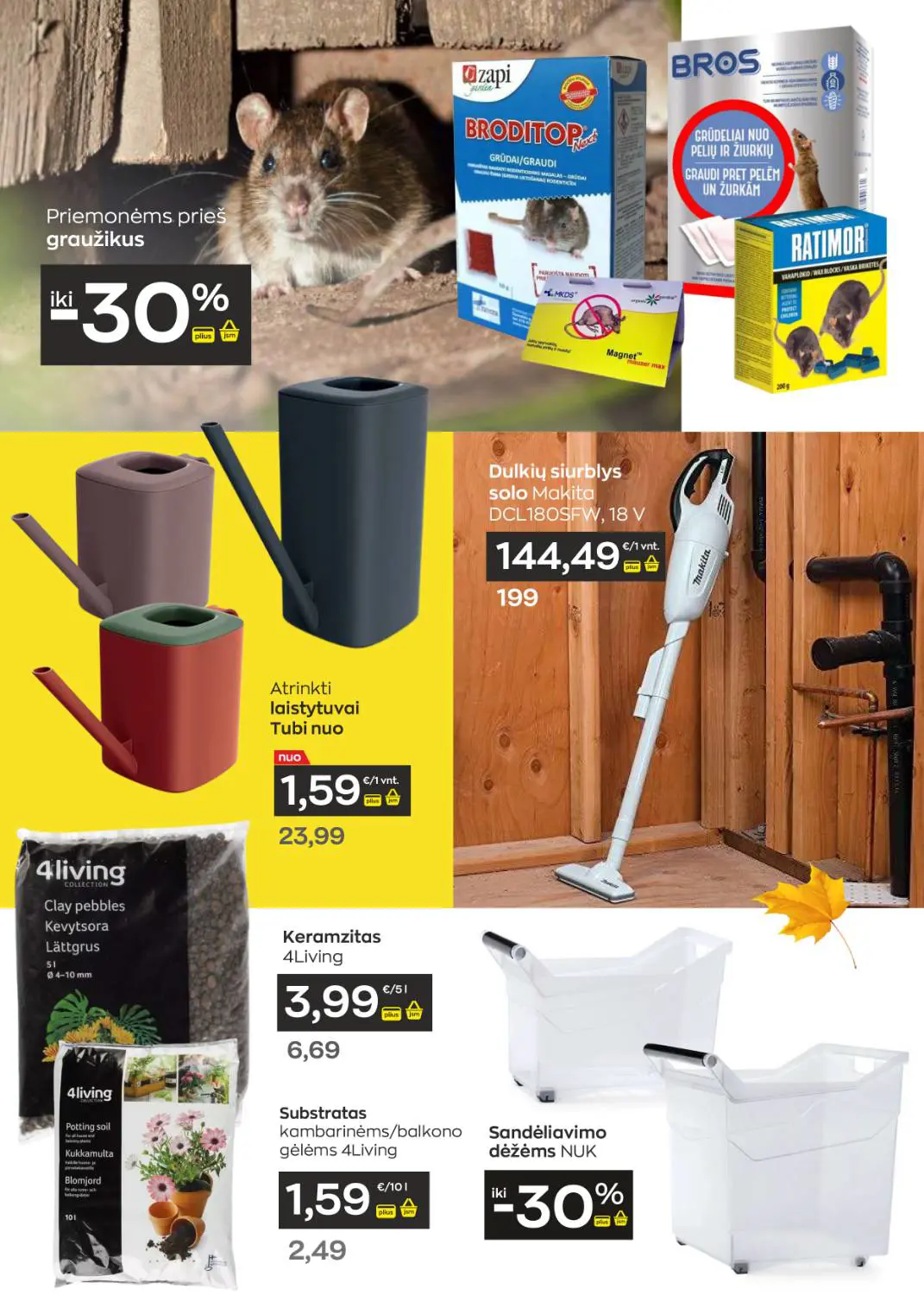 Jupoja akcijų leidinys, galioja nuo spalio 8 d. iki lapkričio 4 d., 5 puslapis: Priemonės graužikams, laistytuvai, Makita dulkių siurblys, keramzitas, sandėliavimo dėžės