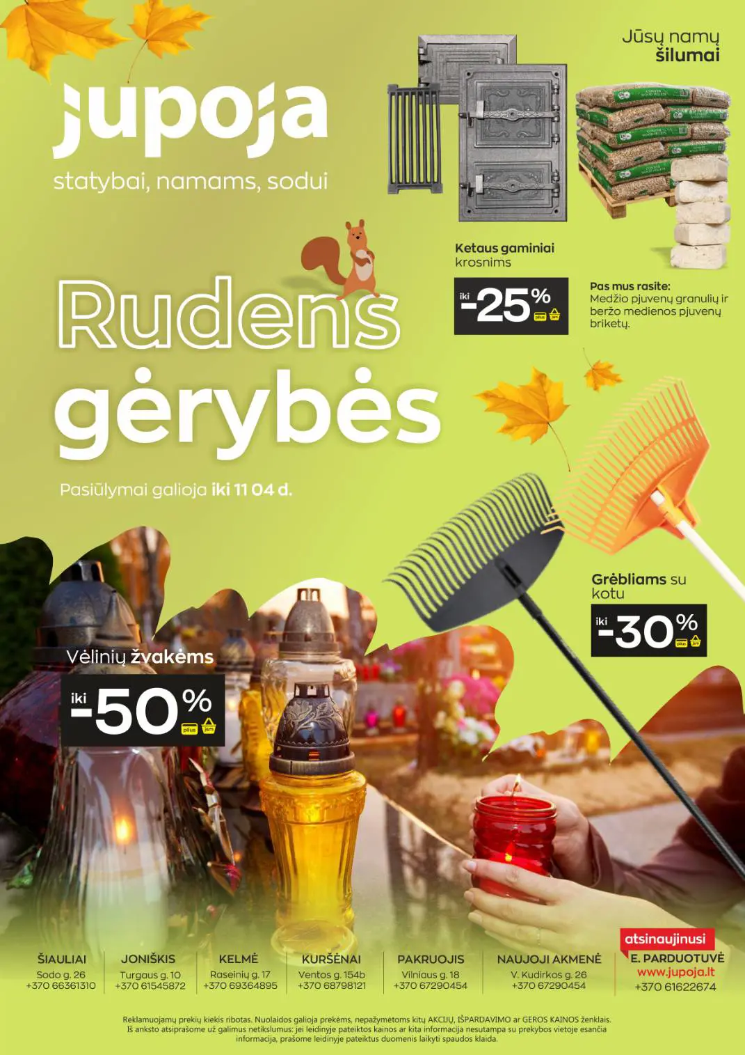 Jupoja akcijų leidinys, galioja nuo spalio 8 d. iki lapkričio 4 d., 1 puslapis: Ketaus gaminiai krosnims, grėbliai, Vėlinių žvakės