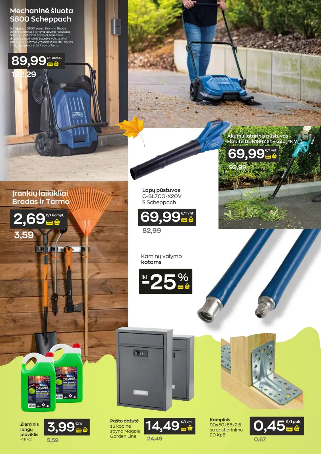 Jupoja akcijų leidinys, galioja nuo spalio 8 d. iki lapkričio 4 d., 6 puslapis: Mechaninė šluota Scheppach, lapų pūstuvas Makita, įrankių laikikliai, pašto dėžutės