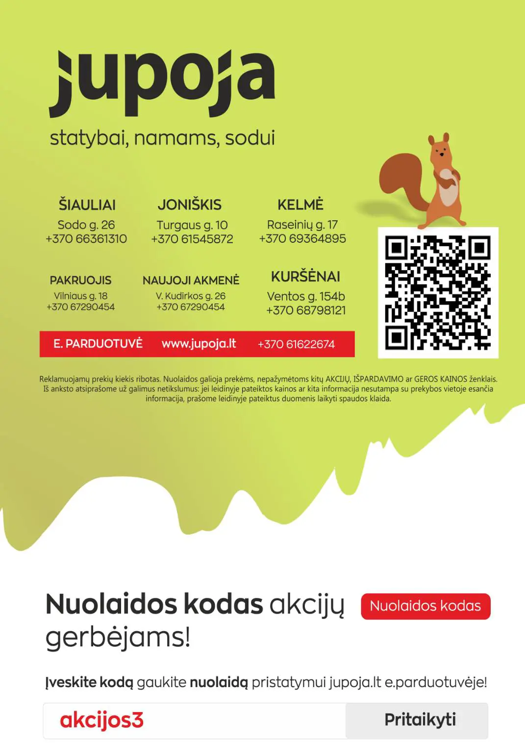 Jupoja akcijų leidinys, galioja nuo spalio 8 d. iki lapkričio 4 d., 23 puslapis: Parduotuvės adresai, nuolaidų kodas