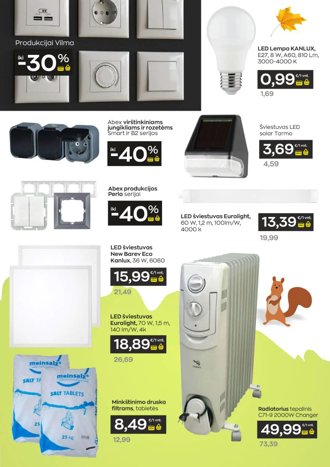 Jupoja akcijų leidinys, galioja nuo spalio 8 d. iki lapkričio 4 d., 8 puslapis: Vilma elektros prekės, LED lempos, šviestuvai, elektrinis tepalinis radiatorius