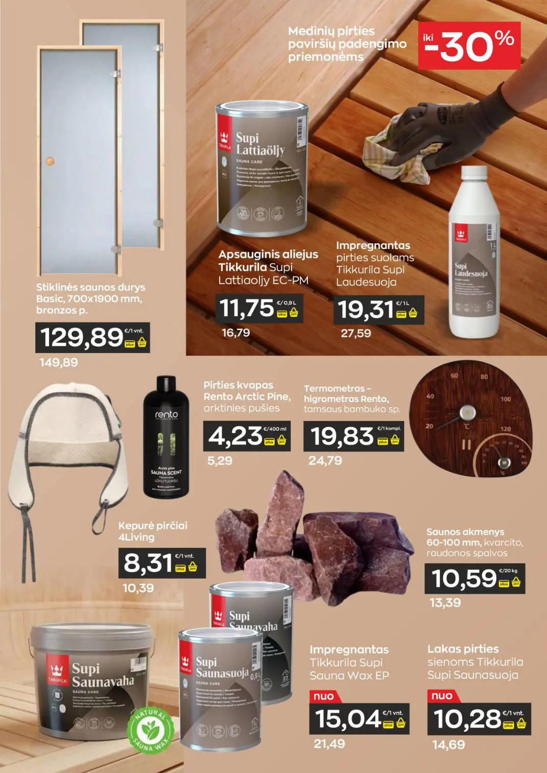 Jupoja akcijų leidinys, galioja nuo spalio 8 d. iki lapkričio 4 d., 11 puslapis: Saunos durys, aliejus Tikkurila, pirties kepurė, saunos akmenys, termometras