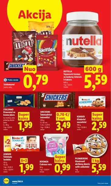 Lidl akcijų leidinys „Maisto prekių pasiūlymai“, galioja nuo spalio 12 d. iki spalio 18 d., 16 puslapis: Šokoladas, saldumynai, sausainiai, Nutella, Snickers, Kinder šokoladas