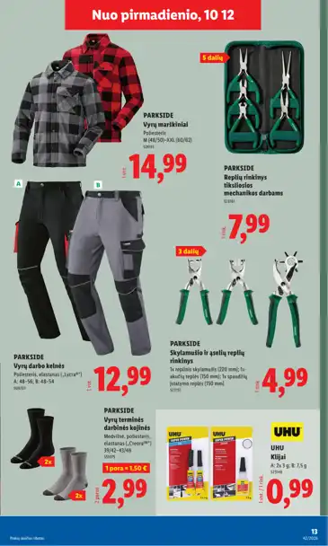 Lidl akcijų leidinys „Ne maisto prekių pasiūlymai“, galioja nuo spalio 12 d. iki spalio 18 d., 13 puslapis: Apranga ir įrankiai: vyrų marškiniai, darbo kelnės, replių rinkiniai, klijai