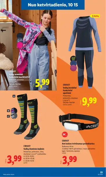 Lidl akcijų leidinys „Ne maisto prekių pasiūlymai“, galioja nuo spalio 12 d. iki spalio 18 d., 23 puslapis: Vaikų termo rūbai, Crivit funkciniai apatiniai, kojinės ir ant kaktos tvirtinamas prožektorius