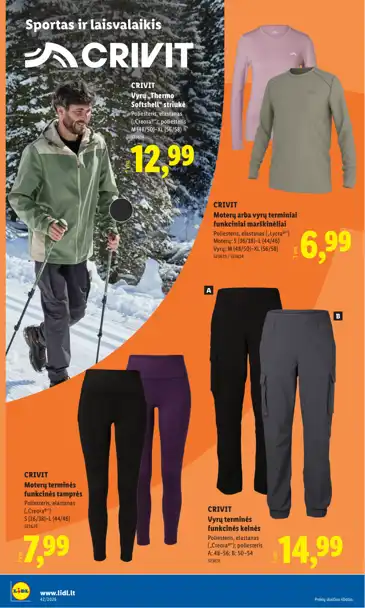 Lidl akcijų leidinys „Ne maisto prekių pasiūlymai“, galioja nuo spalio 12 d. iki spalio 18 d., 24 puslapis: Vyriškos ir moteriškos termo aprangos, Crivit Softshell striukė, funkcinės kelnės ir marškinėliai
