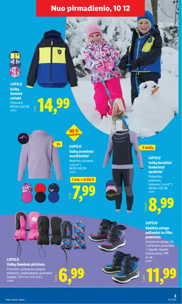 Lidl akcijų leidinys „Ne maisto prekių pasiūlymai“, galioja nuo spalio 12 d. iki spalio 18 d., 3 puslapis: Vaikų žieminė apranga, pirštinės, terminiai drabužiai, sniego aulinukai