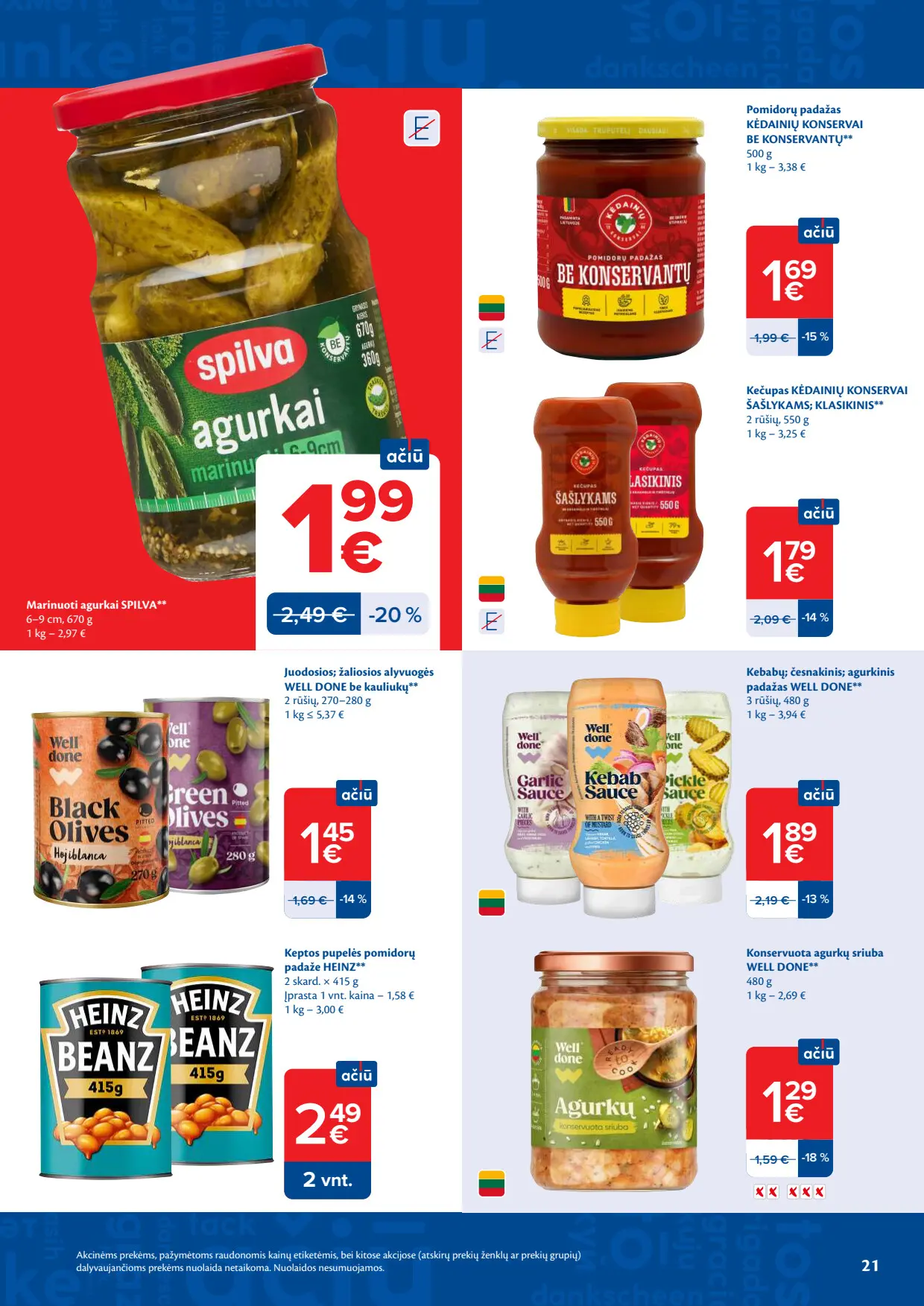 Maxima akcijų leidinys, galioja nuo spalio 6 d. iki spalio 12 d., 21 puslapis: Spilva marinuoti agurkai, Kėdainių konservų padažas, Heinz pupelės