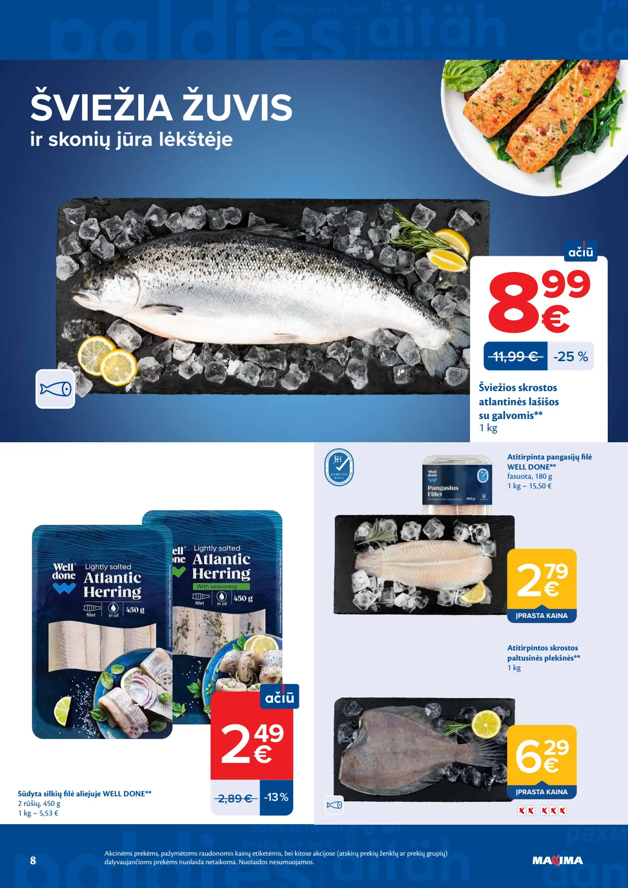 Maxima akcijų leidinys, galioja nuo spalio 6 d. iki spalio 12 d., 8 puslapis: Atlantinės lašišos, silkių filė, pangasijų filė, paltusinės plekšnės