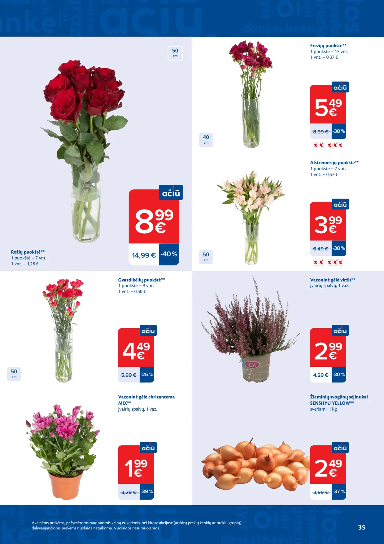 Maxima akcijų leidinys, galioja nuo spalio 6 d. iki spalio 12 d., 35 puslapis: Rožių puokštė, frezijos, chrizantemos, viržiai, svogūnų sėjinukai