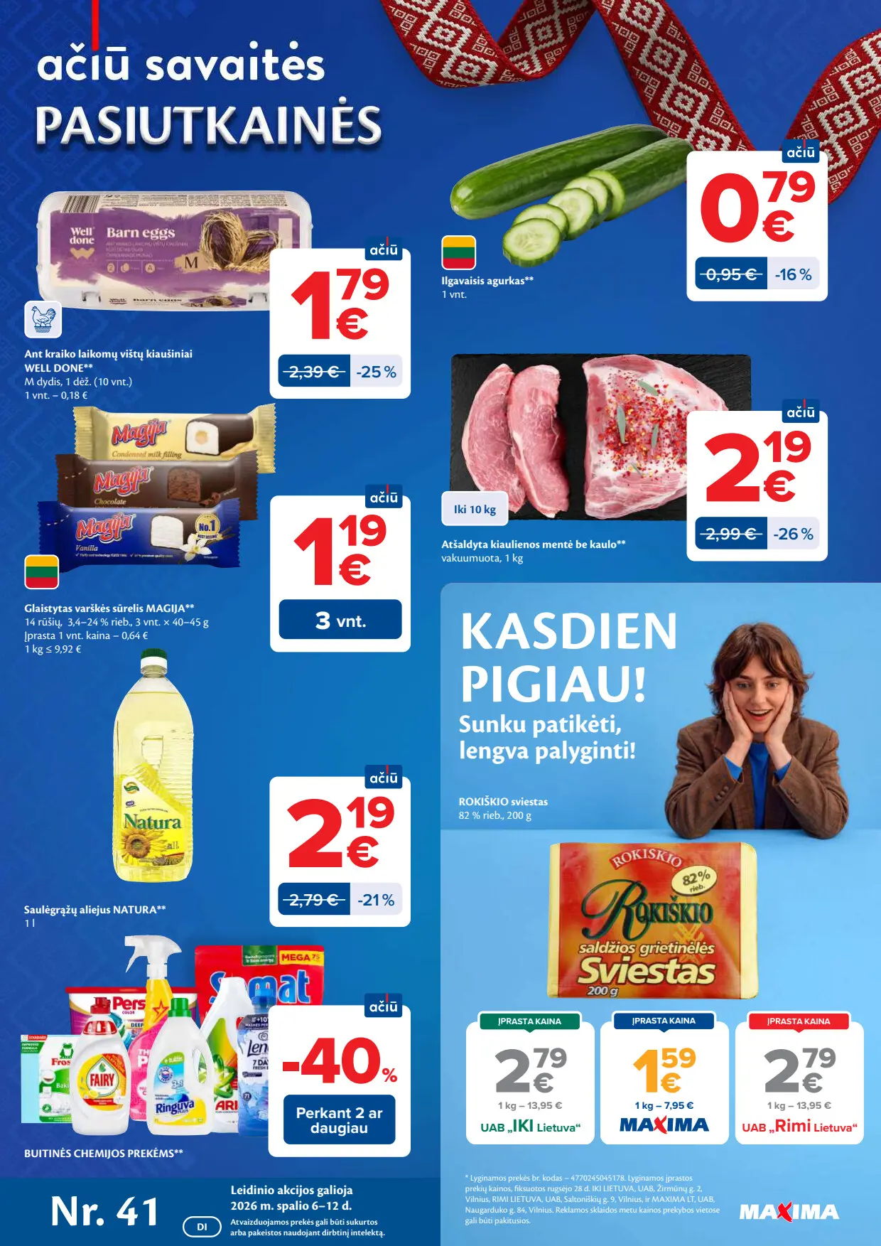 Maxima akcijų leidinys, galioja nuo spalio 6 d. iki spalio 12 d., 1 puslapis: Kiaulienos mentė, kiaušiniai WELL DONE, Rokiškio sviestas, agurkai