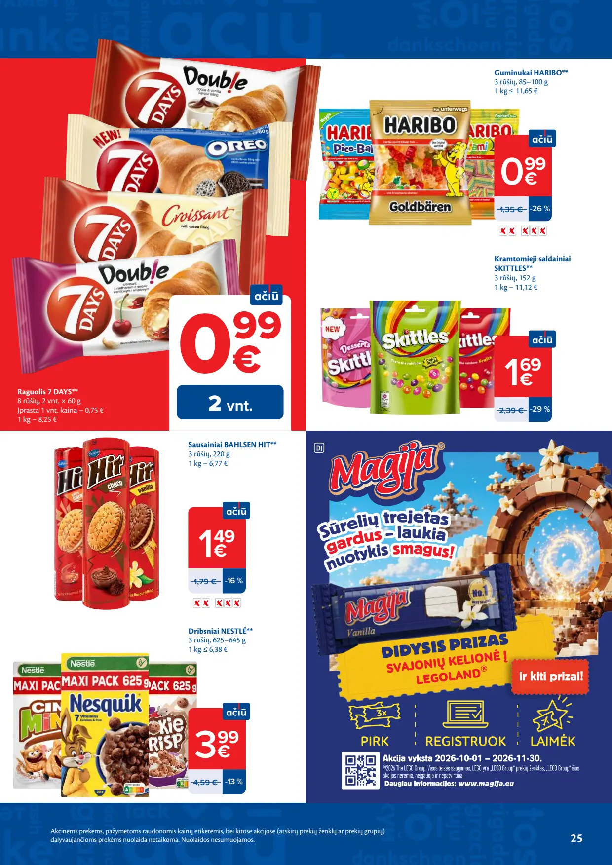 Maxima akcijų leidinys, galioja nuo spalio 6 d. iki spalio 12 d., 25 puslapis: 7 Days raguoliai, Haribo guminukai, Skittles, Bahlsen Hit, Nestlé dribsniai