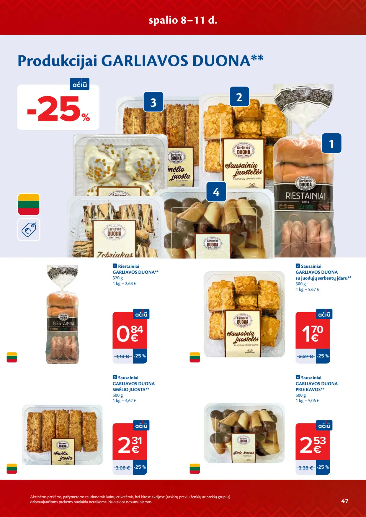 Maxima akcijų leidinys, galioja nuo spalio 6 d. iki spalio 12 d., 47 puslapis: Garliavos duona riestainiai ir sausainiai su nuolaidomis