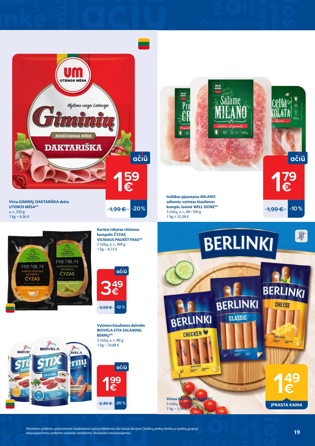 Maxima akcijų leidinys, galioja nuo spalio 6 d. iki spalio 12 d., 19 puslapis: Giminių Daktariška dešra, Berlinki dešrelės, Biovela dešrelės, Milano saliamis