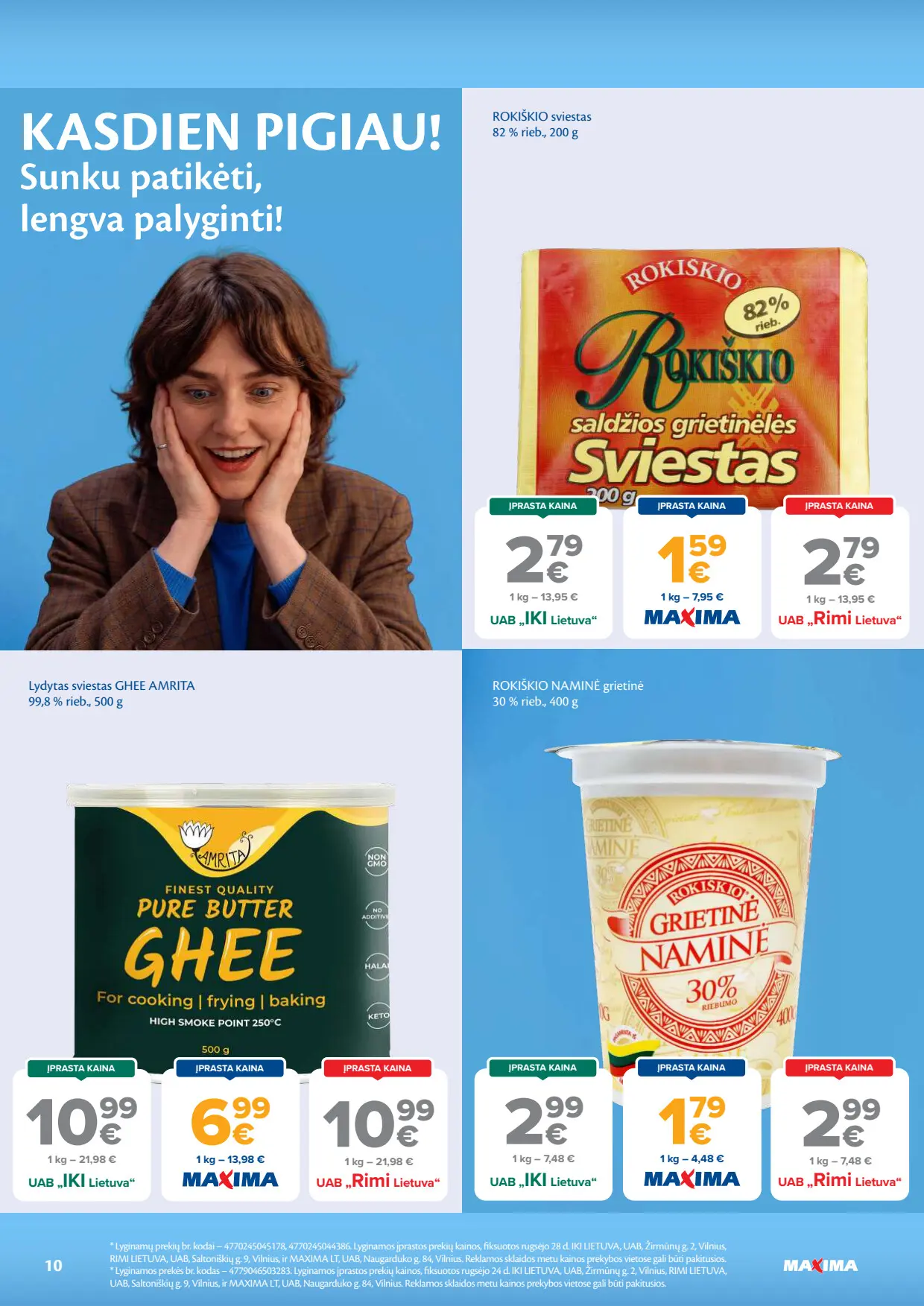 Maxima akcijų leidinys, galioja nuo spalio 6 d. iki spalio 12 d., 10 puslapis: Rokiškio sviestas, Ghee sviestas Amrita, Rokiškio grietinė
