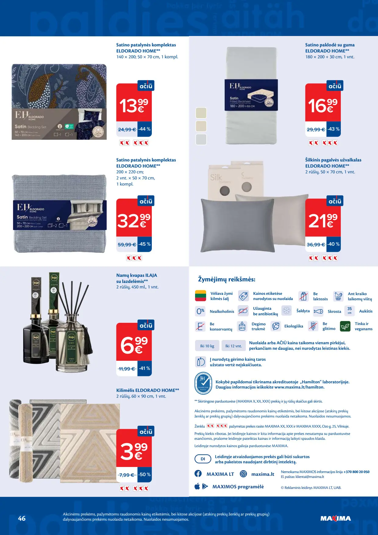 Maxima akcijų leidinys, galioja nuo spalio 6 d. iki spalio 12 d., 46 puslapis: Eldorado Home patalynė, paklodės, šilkinis užvalkalas, Ilaja namų kvapas