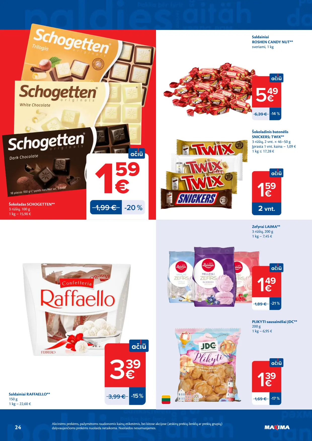 Maxima akcijų leidinys, galioja nuo spalio 6 d. iki spalio 12 d., 24 puslapis: Schogetten šokoladas, Raffaello, Roshen Candy Nut, Snickers, Twix