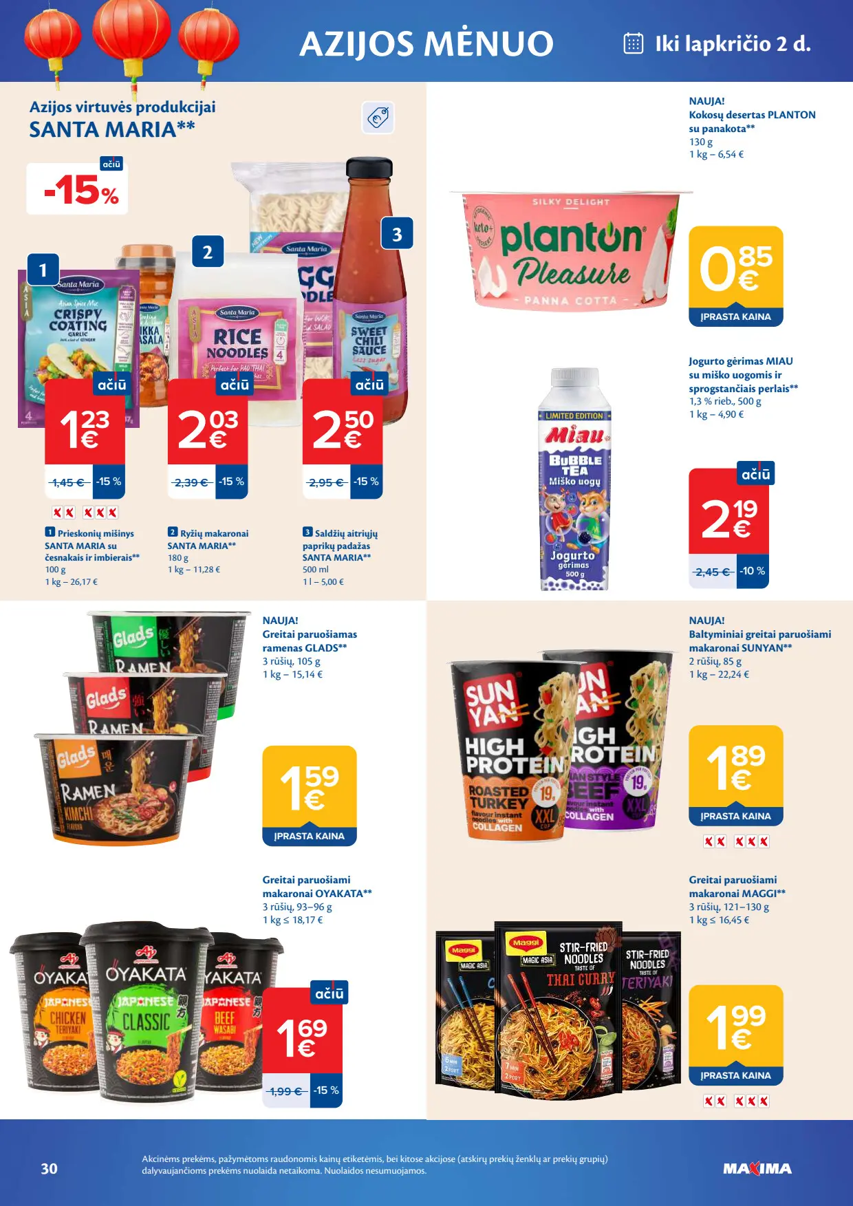 Maxima akcijų leidinys, galioja nuo spalio 6 d. iki spalio 12 d., 30 puslapis: Santa Maria produkcija, Glads ramenas, Sunyan makaronai, Oyakata makaronai