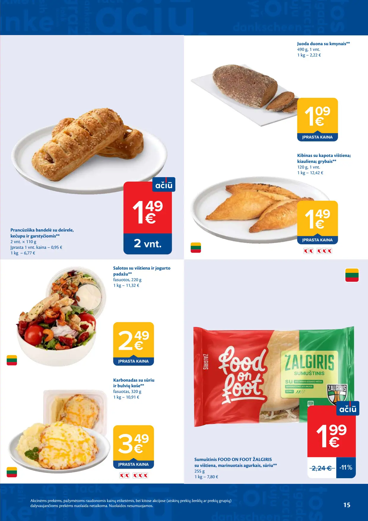 Maxima akcijų leidinys, galioja nuo spalio 6 d. iki spalio 12 d., 15 puslapis: Bandelė su dešrele, kibinas, Food on Foot sumuštinis, salotos, karbonadas