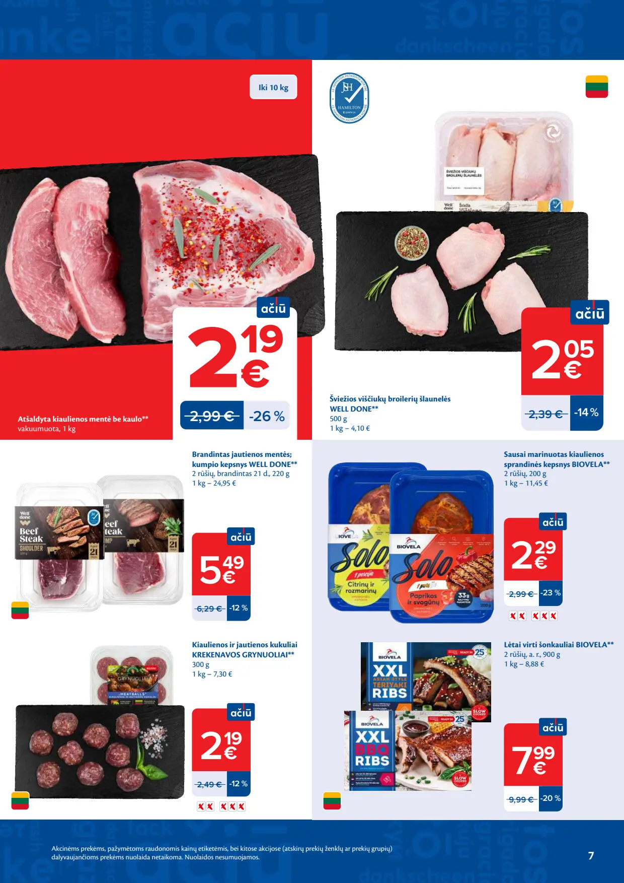 Maxima akcijų leidinys, galioja nuo spalio 6 d. iki spalio 12 d., 7 puslapis: Kiaulienos mentė, jautienos kepsnys, vištienos šlaunelės, Biovela šonkauliai