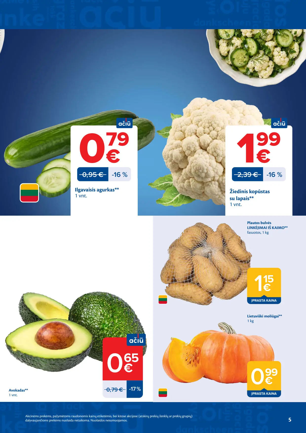 Maxima akcijų leidinys, galioja nuo spalio 6 d. iki spalio 12 d., 5 puslapis: Ilgavaisiai agurkai, žiediniai kopūstai, avokadai, moliūgai, bulvės
