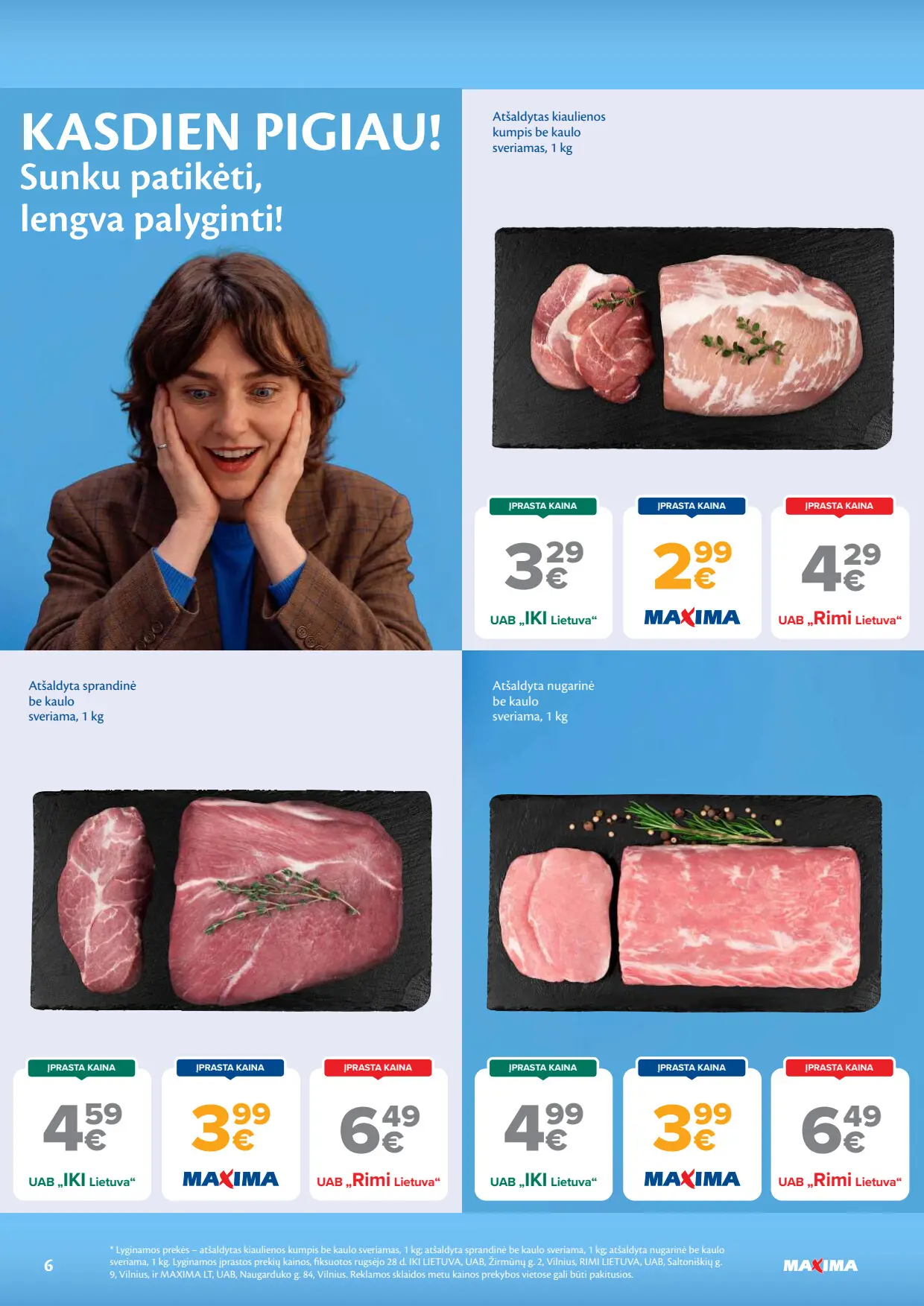 Maxima akcijų leidinys, galioja nuo spalio 6 d. iki spalio 12 d., 6 puslapis: Kiaulienos kumpis, sprandinė, nugarinė be kaulo