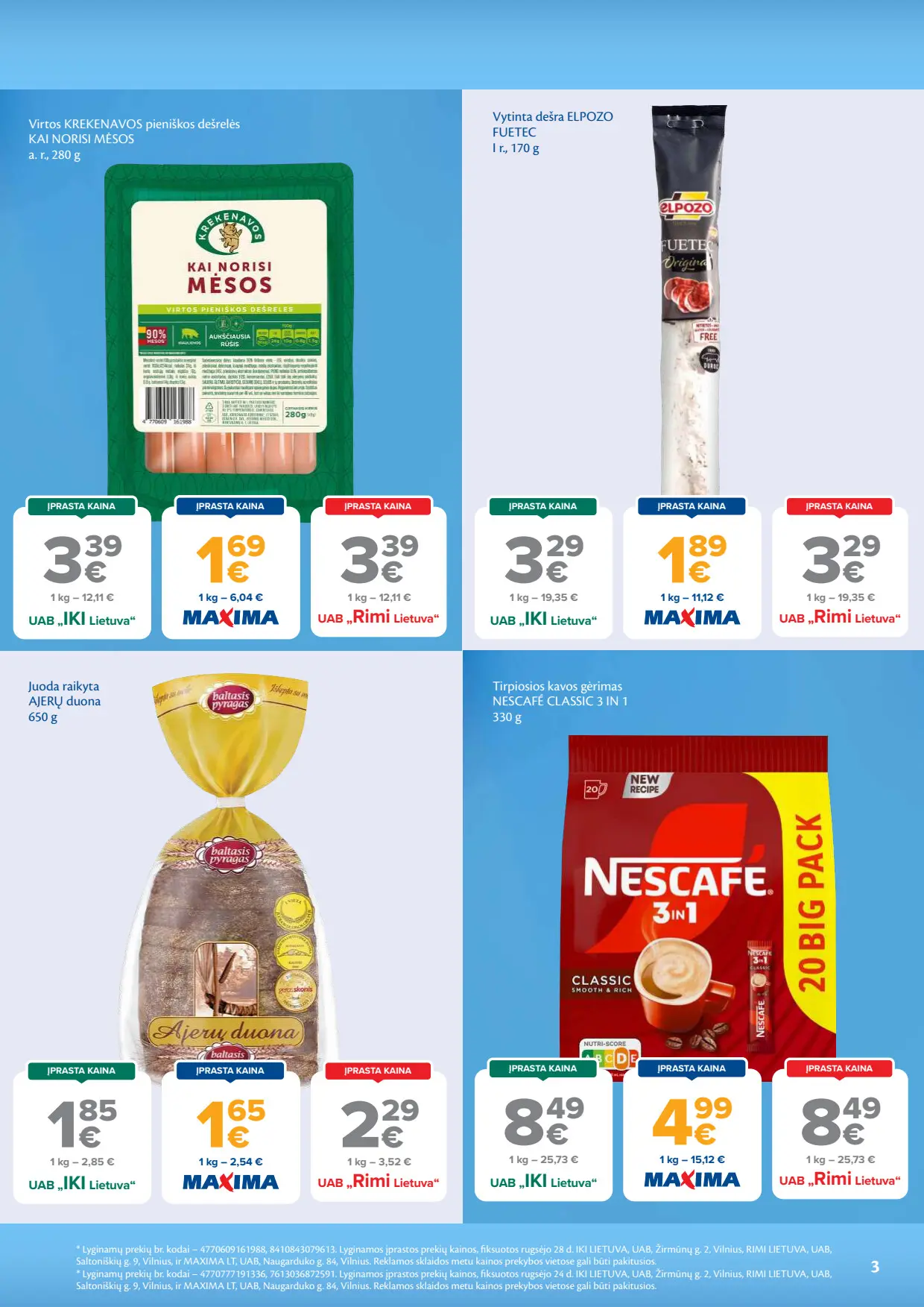 Maxima akcijų leidinys, galioja nuo spalio 6 d. iki spalio 12 d., 3 puslapis: Krekenavos dešrelės, ElPozo dešra Fuetec, Ajerų duona, Nescafé 3 in 1