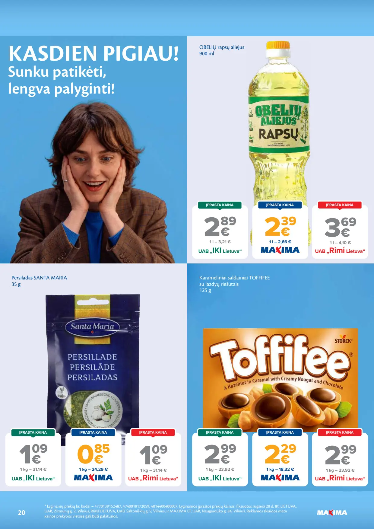 Maxima akcijų leidinys, galioja nuo spalio 6 d. iki spalio 12 d., 20 puslapis: Obelių rapsų aliejus, persiladas Santa Maria, saldainiai Toffifee
