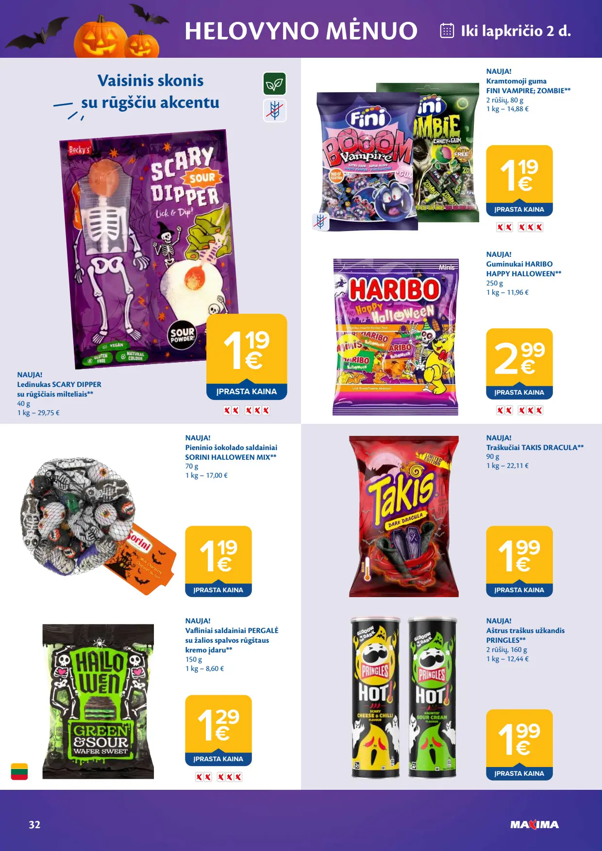 Maxima akcijų leidinys, galioja nuo spalio 6 d. iki spalio 12 d., 32 puslapis: Helovynas: Scary Dipper, Haribo Happy Halloween, Takis Dracula, Pringles