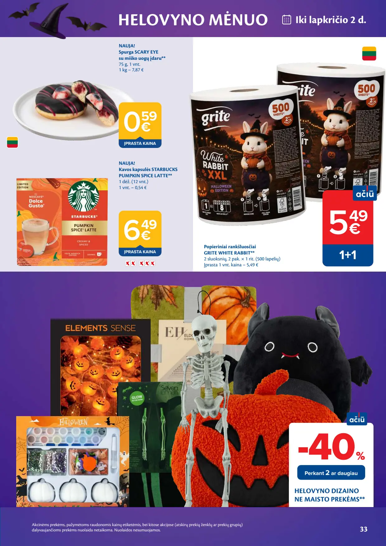 Maxima akcijų leidinys, galioja nuo spalio 6 d. iki spalio 12 d., 33 puslapis: Spurga Scary Eye, Starbucks Pumpkin Spice Latte kapsulės, Grite rankšluosčiai