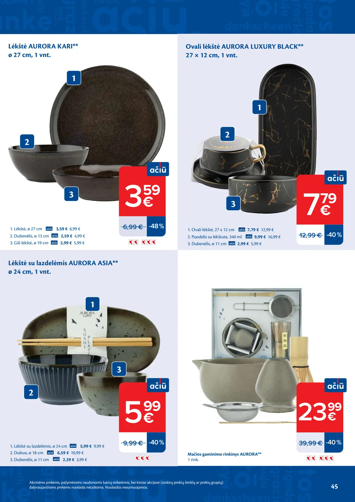 Maxima akcijų leidinys, galioja nuo spalio 6 d. iki spalio 12 d., 45 puslapis: Aurora Kari lėkštės, Aurora Asia indai, mačios gaminimo rinkinys