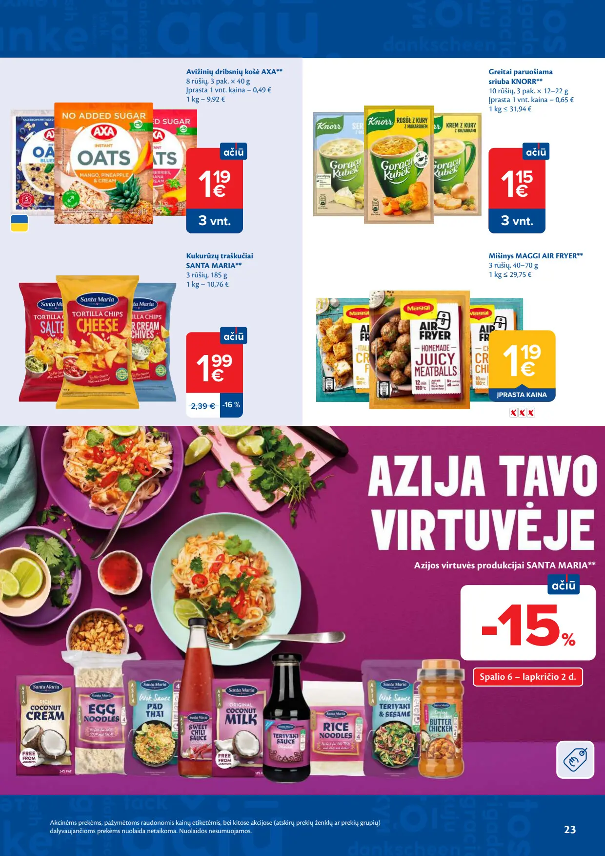 Maxima akcijų leidinys, galioja nuo spalio 6 d. iki spalio 12 d., 23 puslapis: Santa Maria Azijos produkcija, Axa košė, Knorr sriubos, Maggi Air Fryer