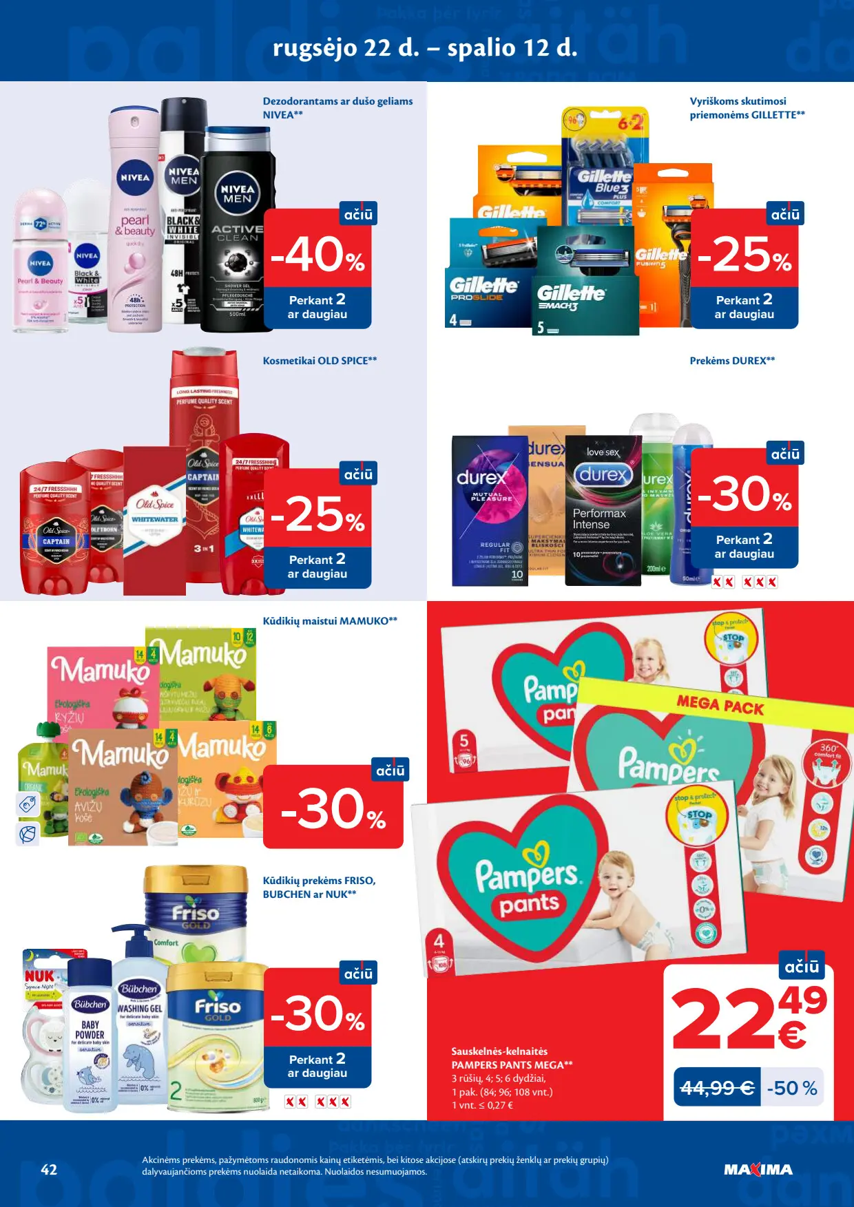 Maxima akcijų leidinys, galioja nuo spalio 6 d. iki spalio 12 d., 42 puslapis: Nivea, Gillette, Pampers Pants sauskelnės, Old Spice, Durex, Mamuko