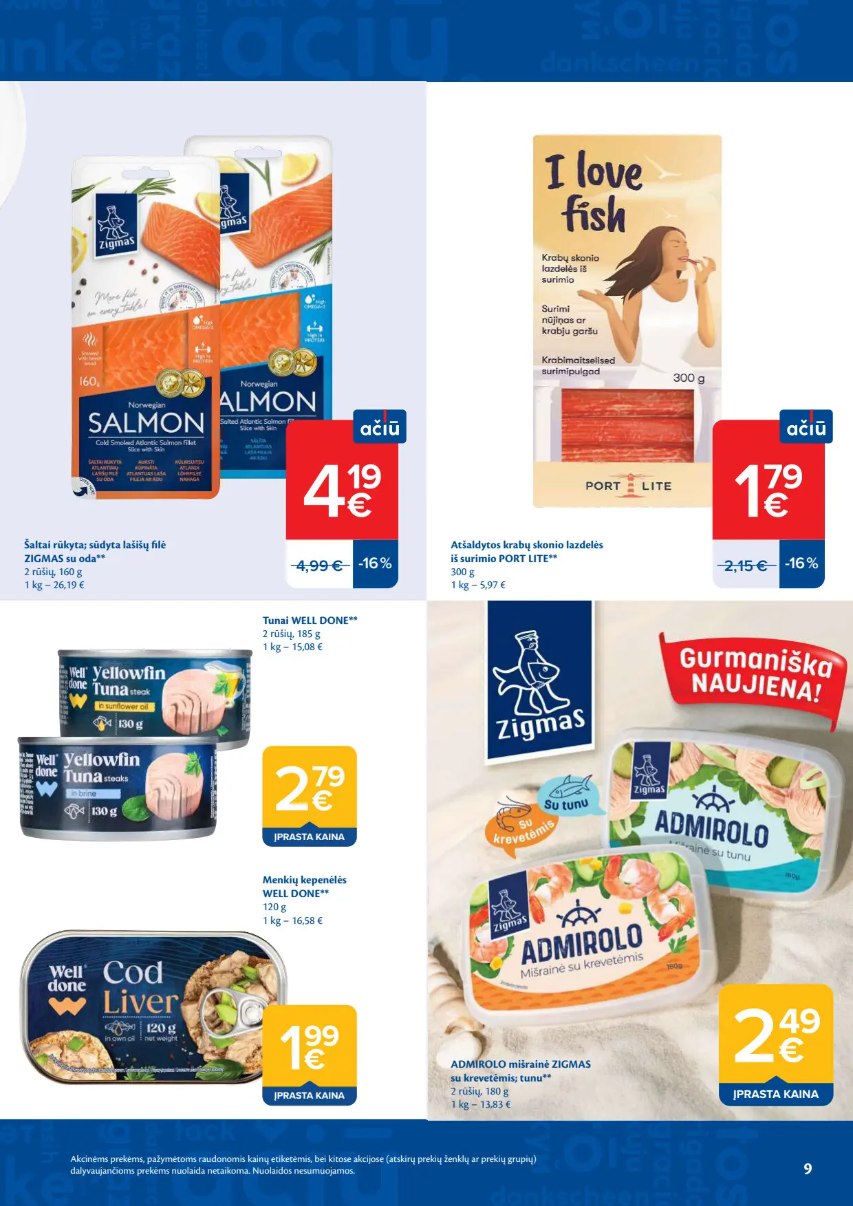 Maxima akcijų leidinys, galioja nuo spalio 6 d. iki spalio 12 d., 9 puslapis: Lašišų filė Zigmas, krabų lazdelės, tunai Well Done, menkių kepenėlės