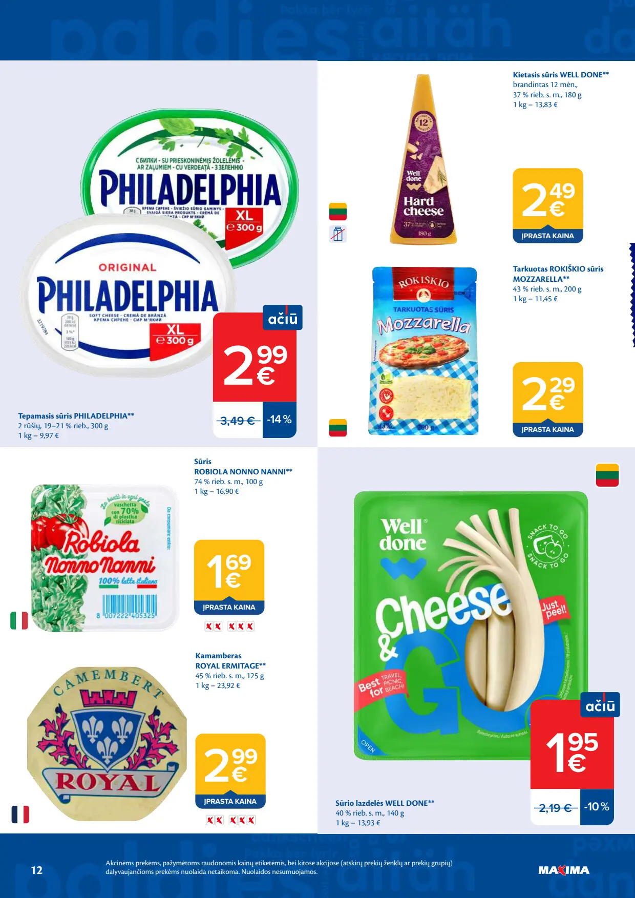 Maxima akcijų leidinys, galioja nuo spalio 6 d. iki spalio 12 d., 12 puslapis: Philadelphia sūris, Mozzarella, Camembert, Robiola, sūrio lazdelės