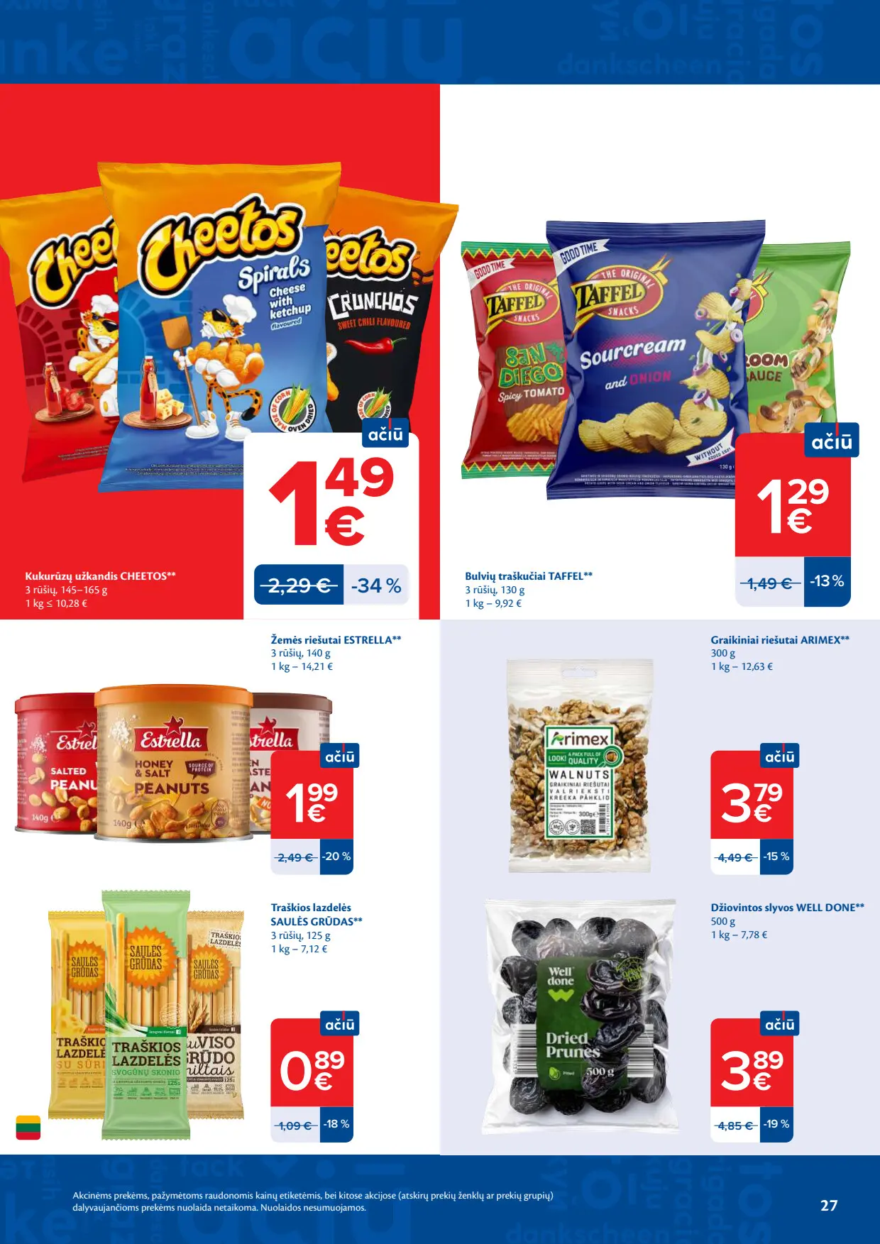 Maxima akcijų leidinys, galioja nuo spalio 6 d. iki spalio 12 d., 27 puslapis: Cheetos užkandis, Taffel traškučiai, Estrella žemės riešutai, Arimex graikiniai riešutai