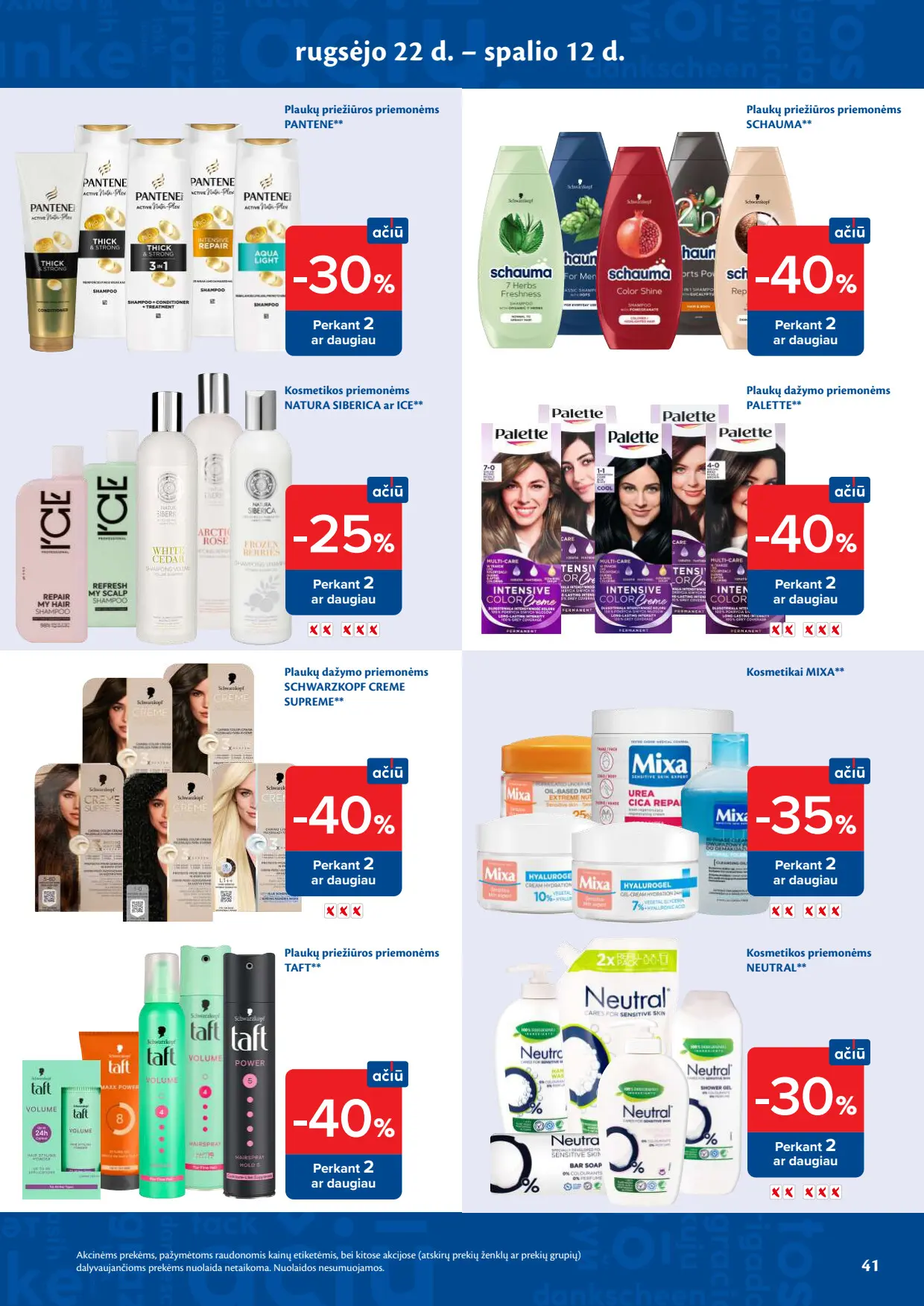 Maxima akcijų leidinys, galioja nuo spalio 6 d. iki spalio 12 d., 41 puslapis: Plaukų priežiūra Pantene, Schauma, Palette, Taft, Mixa kosmetika
