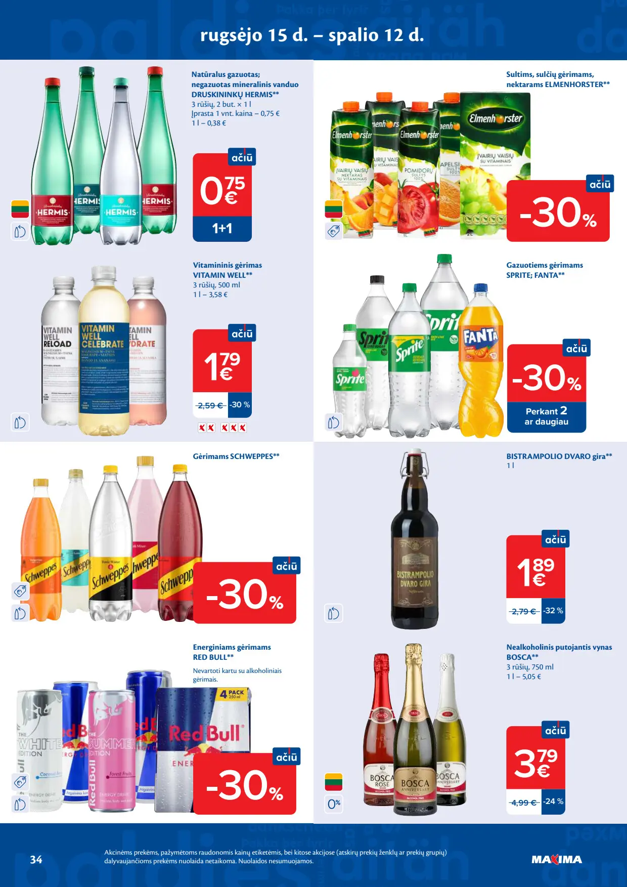 Maxima akcijų leidinys, galioja nuo spalio 6 d. iki spalio 12 d., 34 puslapis: Druskininkų Hermis, Elmenhorster sultys, Vitamin Well, Sprite, Schweppes, Red Bull