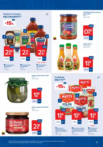 Maxima akcijų leidinys „AČIŪ savaitė“, galioja nuo spalio 13 d. iki spalio 19 d., 21 puslapis: Hellmann's padažai ir kečupas, Well Done rauginti agurkai, Mutti pomidorų produkcija