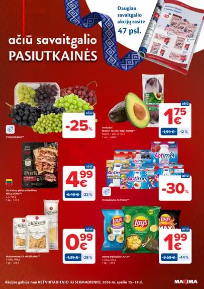 Maxima akcijų leidinys „AČIŪ savaitė“, galioja nuo spalio 13 d. iki spalio 19 d., 48 puslapis: Vynuogės, Well Done kiauliena ir avokadai, Actimel, La Molisana makaronai, Lay's traškučiai