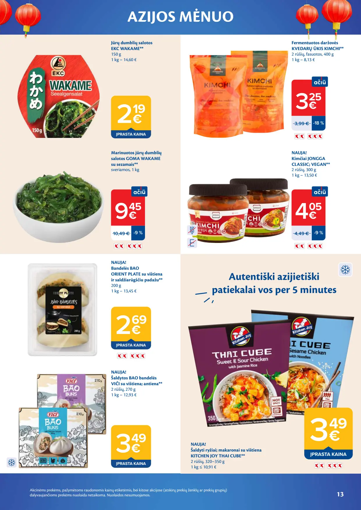 Maxima akcijų leidinys, galioja nuo spalio 6 d. iki lapkričio 2 d., 13 puslapis: Jūrų dumblių salotos, kimchi, bao bandelės, šaldyti patiekalai Thai Cube