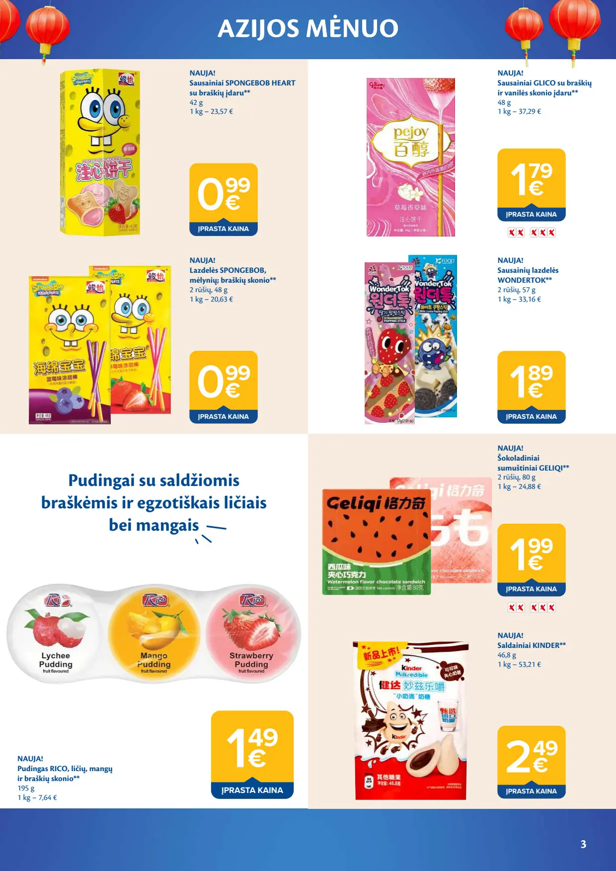 Maxima akcijų leidinys, galioja nuo spalio 6 d. iki lapkričio 2 d., 3 puslapis: Spongebob sausainiai, Glico sausainiai, pudingai, Kinder saldainiai