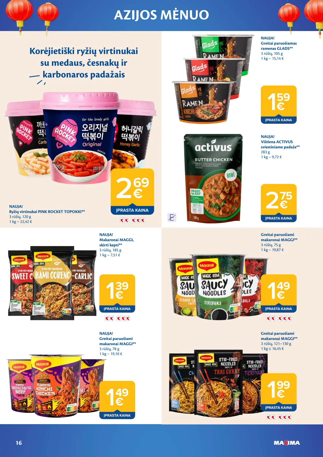 Maxima akcijų leidinys, galioja nuo spalio 6 d. iki lapkričio 2 d., 16 puslapis: Ryžių virtinukai, ramenai Glads, makaronai Maggi