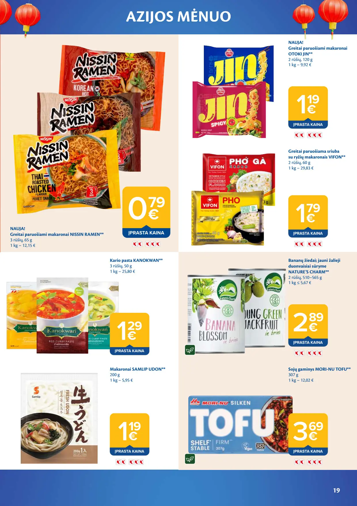 Maxima akcijų leidinys, galioja nuo spalio 6 d. iki lapkričio 2 d., 19 puslapis: Greitai paruošiami makaronai Nissin Ramen, Jin, kario pasta, tofu