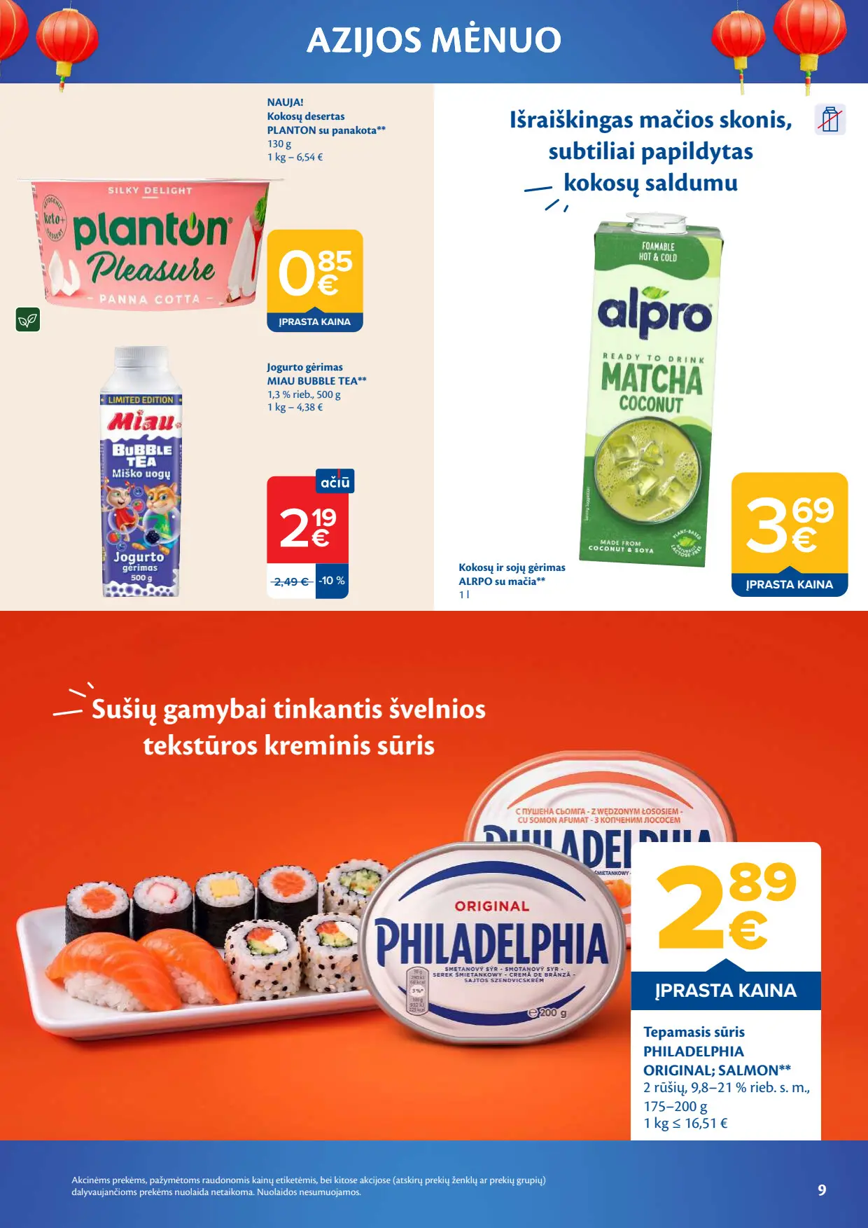 Maxima akcijų leidinys, galioja nuo spalio 6 d. iki lapkričio 2 d., 9 puslapis: Kokosų desertas, jogurto gėrimas Miau, tepamasis sūris Philadelphia