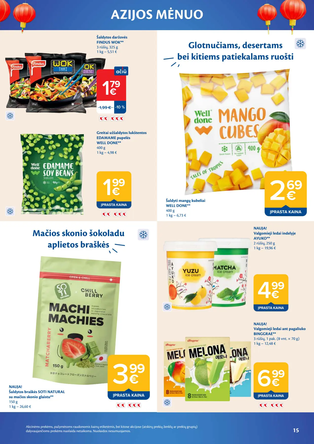 Maxima akcijų leidinys, galioja nuo spalio 6 d. iki lapkričio 2 d., 15 puslapis: Šaldytos daržovės Wok, edamame pupelės, mangų kubeliai, ledai